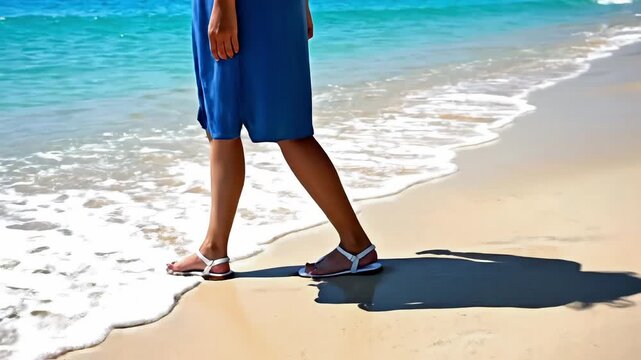 Woman walking alone on a sunny beach in a blue dress and sandals
