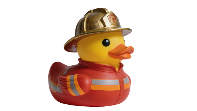 Yellow rubber duck toy dressed as a firefighter with a golden helmet and red jacket, isolated PNG on transparent background, fun rescue concept