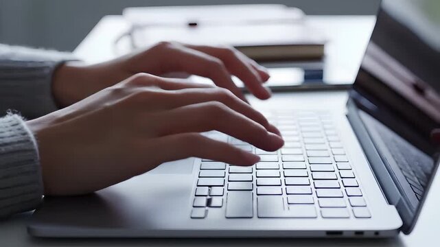 person typing on laptop keyboard in dim light