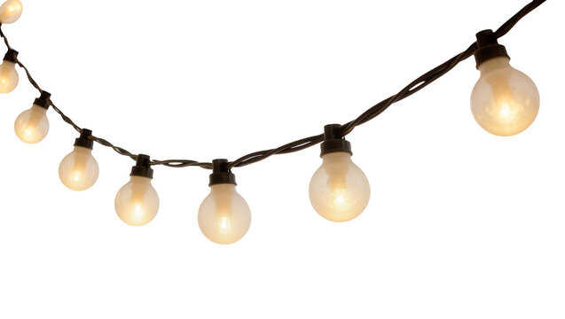 Decorative string of warm glowing round light bulbs on a dark wire, isolated PNG on transparent background, perfect for festive party ambiance