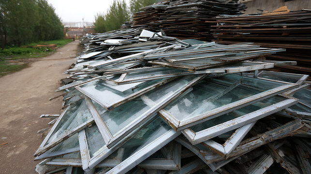 Abundant Pile of Discarded Window Frames and Glass at an Outdoor Scrapyard, Highlighting Material Waste and Recycling Potential