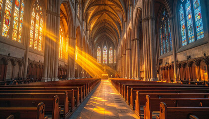 Fototapeta premium Golden sunlight streaming through cathedral windows illuminating aisle