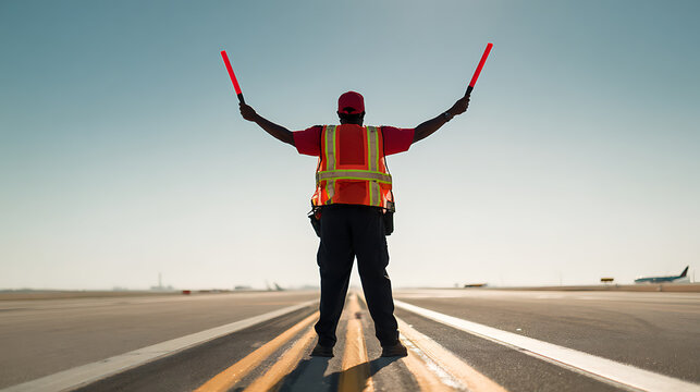 Air Traffic Controller Direct Aircraft on Runway at Sunset: Ground Personnel Guide Commercial Flights, Aviation Operations, Airport Workflow