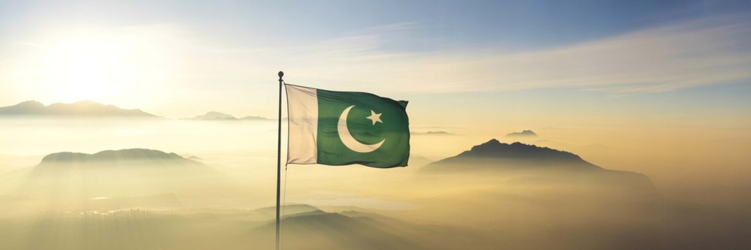 National Flag of Pakistan Waving Above Misty Mountain Peaks at Golden Sunrise