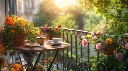 Fototapeta premium Morning Light Shines on a Balcony With Flowers and Coffee in a Garden Setting