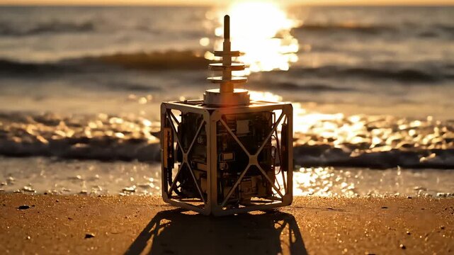 Metallic cube object on sandy beach at sunset with ocean waves
