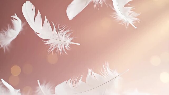 Soft white feathers float gently downwards in warm sunlight and bokeh lights.
