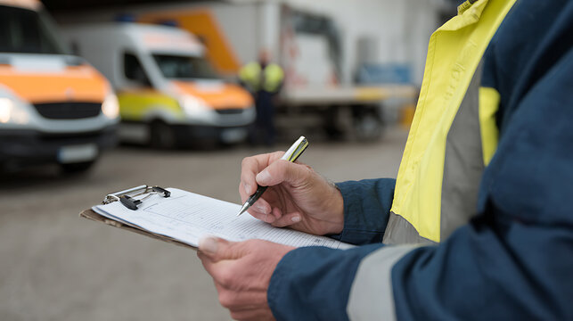 Professional worker with clipboard and pen records information outdoors with emergency response vehicles visible in the soft-focus background