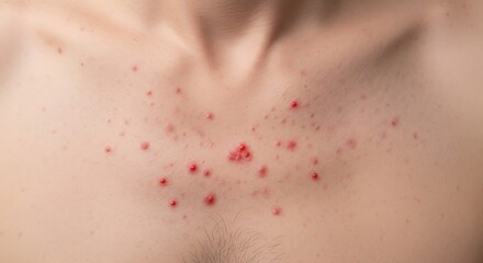 Fototapeta premium A close up view of a person's chest showing signs of acne breakouts and red inflamed skin lesions