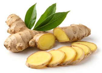 Fototapeta premium Fresh raw ginger root spice isolated on white background as a healthy organic food ingredient for cooking and herbal medicine