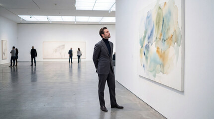Fototapeta premium Sophisticated man in a grey suit admiring a large abstract watercolor painting at a modern art gallery exhibition