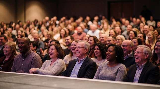 Diverse audience of happy people laughing out loud while sitting in a theater auditorium watching a live performance or comedy show