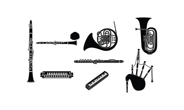 Classic woodwind and brass instruments silhouette collection