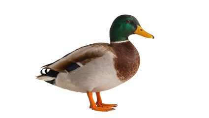 Detailed male mallard duck with vibrant green head, yellow beak, and brown chest, standing gracefully isolated, a common waterfowl bird PNG