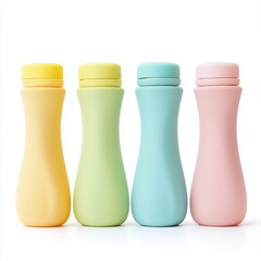 Colorful Thermos Bottles Lined up on a White Background in a Store Display at Daytime