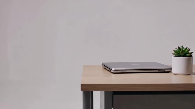 Minimal office desk setup with laptop and plant in soft studio lighting professional workspace environment clean design aesthetic