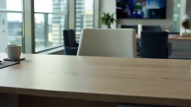 Cinematic minimal office desk setup in modern business environment with soft neutral colors and abundant copy space