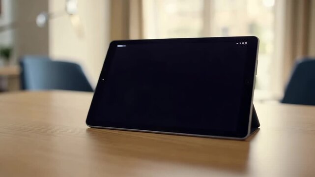 Cinematic close-up of a blank tablet on a desk in soft natural lighting for app overlay ideal for design and tech showcases