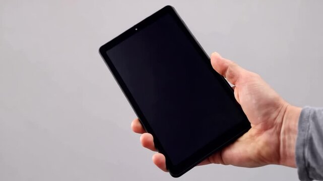 Professional tablet footage displayed by hand in studio environment with minimal background and soft lighting