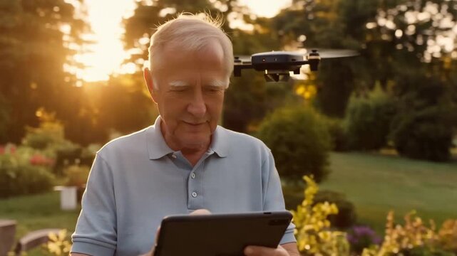 Confident senior man flying drone in countryside garden nature photography active aging concept peaceful environment