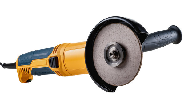 Powerful yellow and blue angle grinder with a grey abrasive cutting disc, an essential electric tool for grinding and cutting, isolated PNG