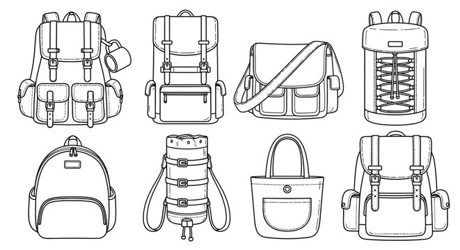 Outline vector set of diverse bags, including various backpack styles, messenger bags, and a classic tote bag, ideal for travel, daily use, and outdoor adventures