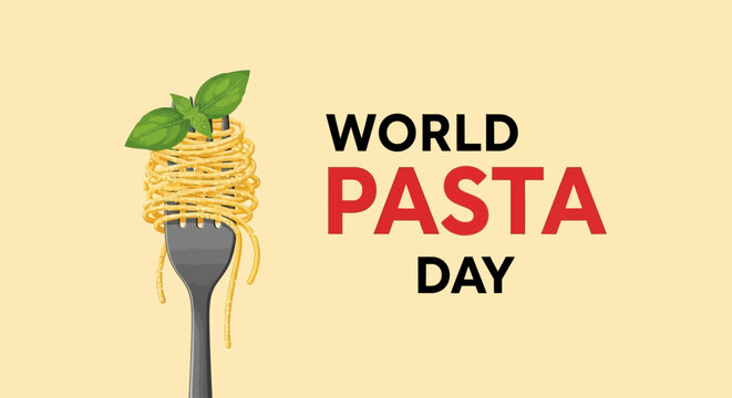 A delectable illustration of spaghetti twisted on a fork with fresh basil leaves, celebrating World Pasta Day and the joy of Italian culinary traditions