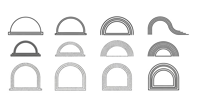 Diverse collection of abstract arch shapes and semi-circular outline variations, perfect for modern graphic design, architectural elements, and creative digital illustrations