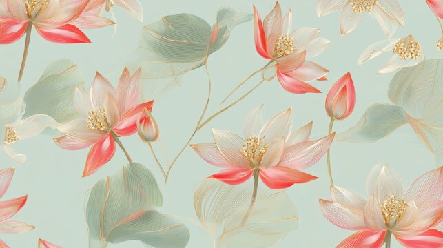 luxury lotus floral textile pattern with coral tips elegant seamless fabric design