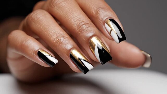 Close-up of woman's hand with black, white, and gold painted nails on a table