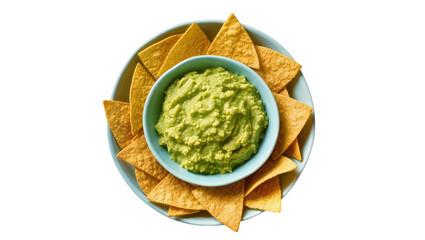 Creamy green guacamole dip in a blue bowl, surrounded by golden tortilla chips, isolated on transparent background, Mexican snack PNG
