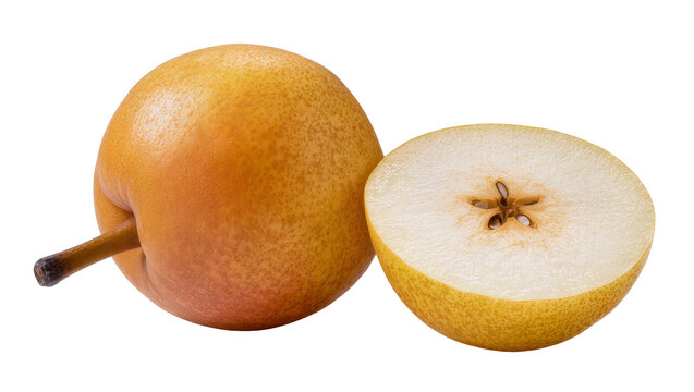 Fresh nashi pear and a perfectly sliced half, showcasing juicy texture and seeds, isolated on transparent background, delicious healthy fruit PNG