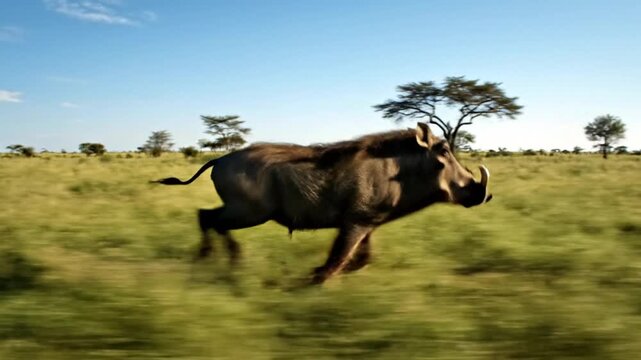 A wildebeest runs across a sunny savannah with trees in the background, conveying a sense of freedom and wildlife exploration