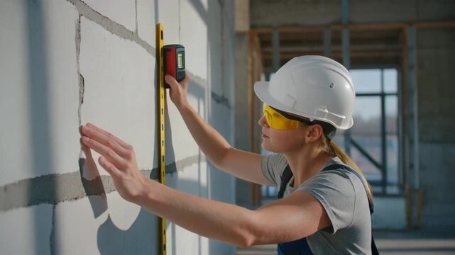 Construction worker using laser level on wall in building site