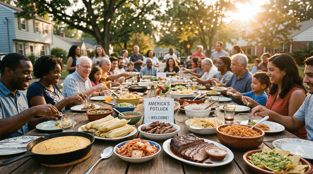 Diverse neighborhood community gathering for an outdoor potluck dinner.