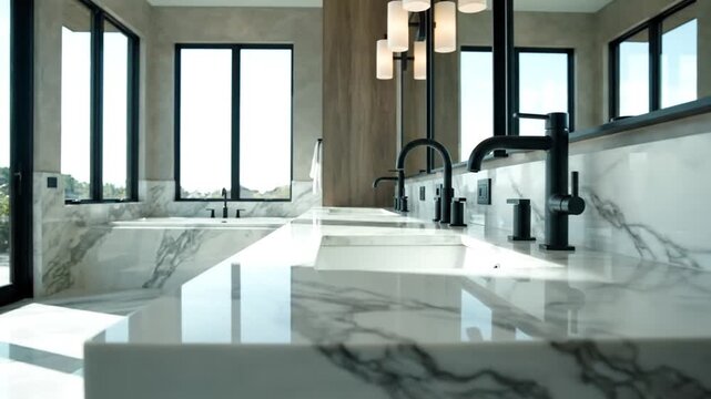 Modern kitchen interior with marble countertop, sink, and large windows overlooking cityscape, used for design inspiration