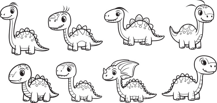 Cute Cartoon Dinosaur Coloring Pages &ndash; Baby Dino Line Art Vector Collection for Kids