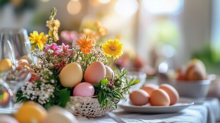 Colorful Eggs and Flowers on a Table for a Spring Celebration During Daytime