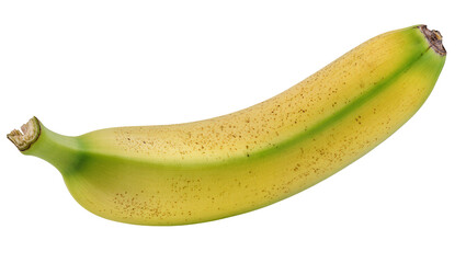 Fresh ripe yellow banana with green tips and brown spots, isolated on transparent background, healthy tropical fruit for diet and nutrition PNG © Francisco