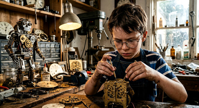 Focused boy with glasses repairing antique clock in messy workshop, oily hands using tools, gears and vintage robot in background, warm cinematic lighting, STEM education and hobby concept
