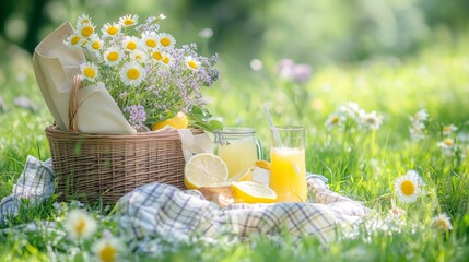 Picnic Setup With Lemonade and Flowers in a Sunny Green Field on a Summer Day