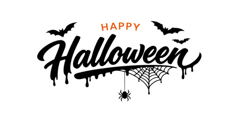 Happy Halloween typography logo with spider web and bats in dripping script style, Perfect for Halloween party invitations, spooky retail packaging, seasonal social media branding, Halloween greeting © AFRAN STUDIO