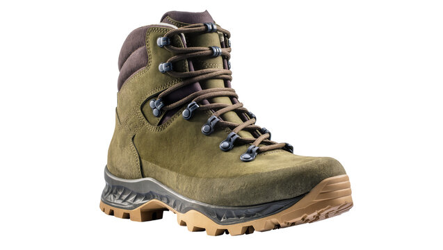 Sturdy olive green and brown hiking boot with rugged sole, perfect for outdoor adventures, isolated PNG on transparent background