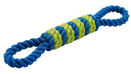 Durable blue and vibrant green braided rope dog toy, intricately woven for chewing and play, isolated PNG on transparent background, perfect for pet product designs © Francisco