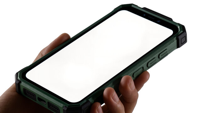 Hand holding modern smartphone with rugged dark green protective case, blank screen for mockup, isolated on transparent background PNG