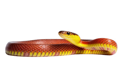 Fototapeta premium Vibrant red and yellow snake, a beautiful reptile with intricate scales, coiled and ready, isolated PNG on transparent background for wildlife projects