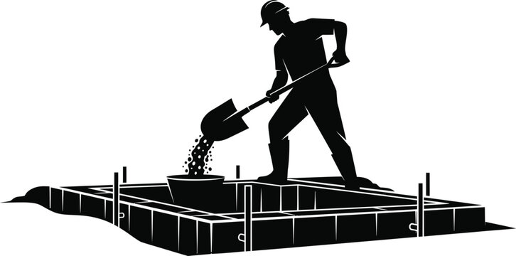 Construction worker silhouette digging on building site with shovel