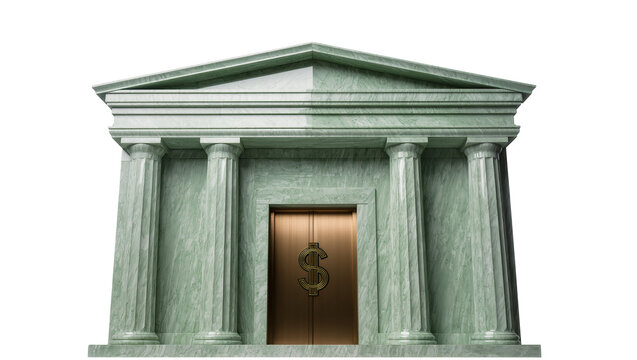 Grand classical bank building facade with green marble columns and golden dollar sign door, isolated PNG on transparent background, representing finance and wealth