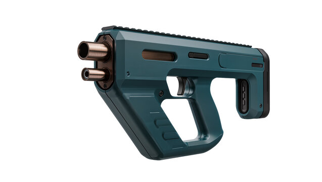 Sleek futuristic compact submachine gun, teal and bronze design with dual barrels, isolated on transparent background, advanced weapon concept PNG