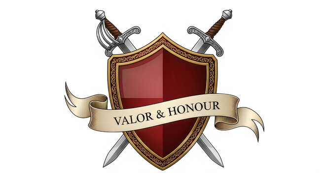 Red shield with crossed swords and valor honour banner  medieval symbol transparent background
